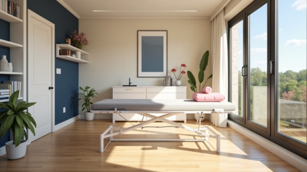 Premier Chiropractic treatment room interior — adjustable table, natural light, navy accent wall