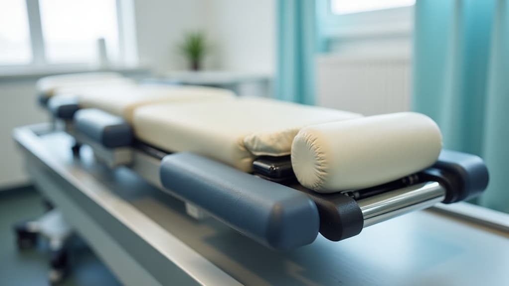 Spinal decompression therapy table — padded headrest, lumbar harness, computer-controlled motor